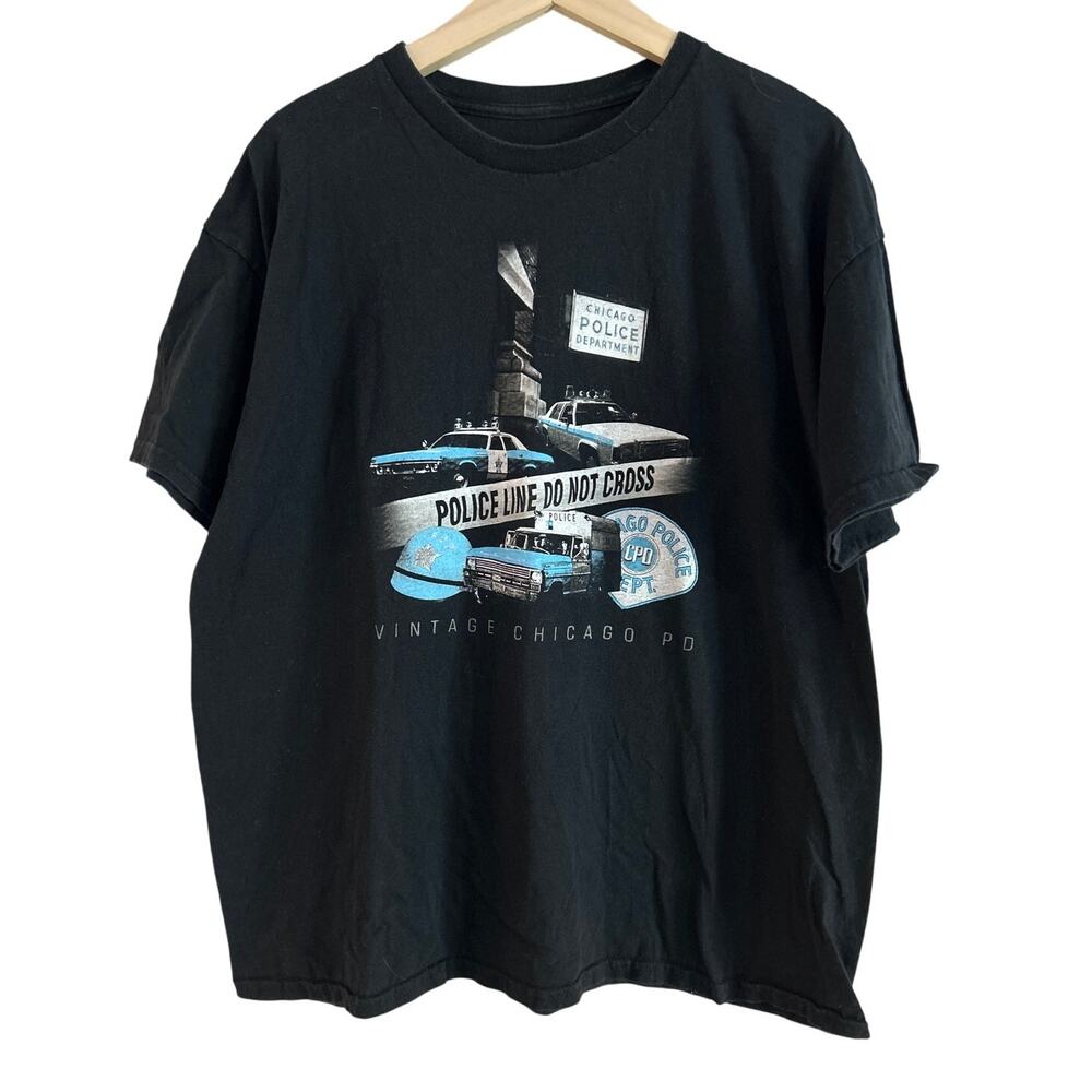 Chicago Police Vintage Print Tee Shirt Black Blue XL